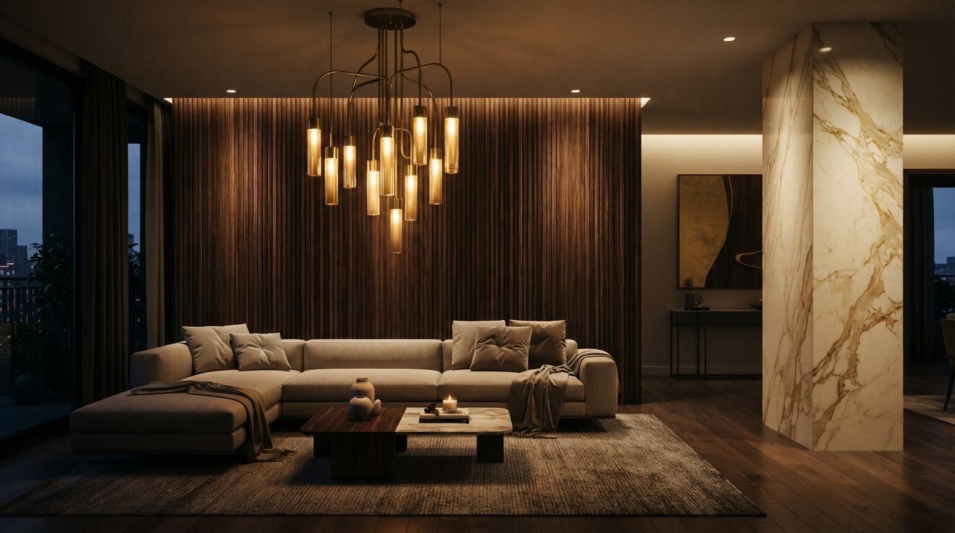 Living room with fluted wood panels