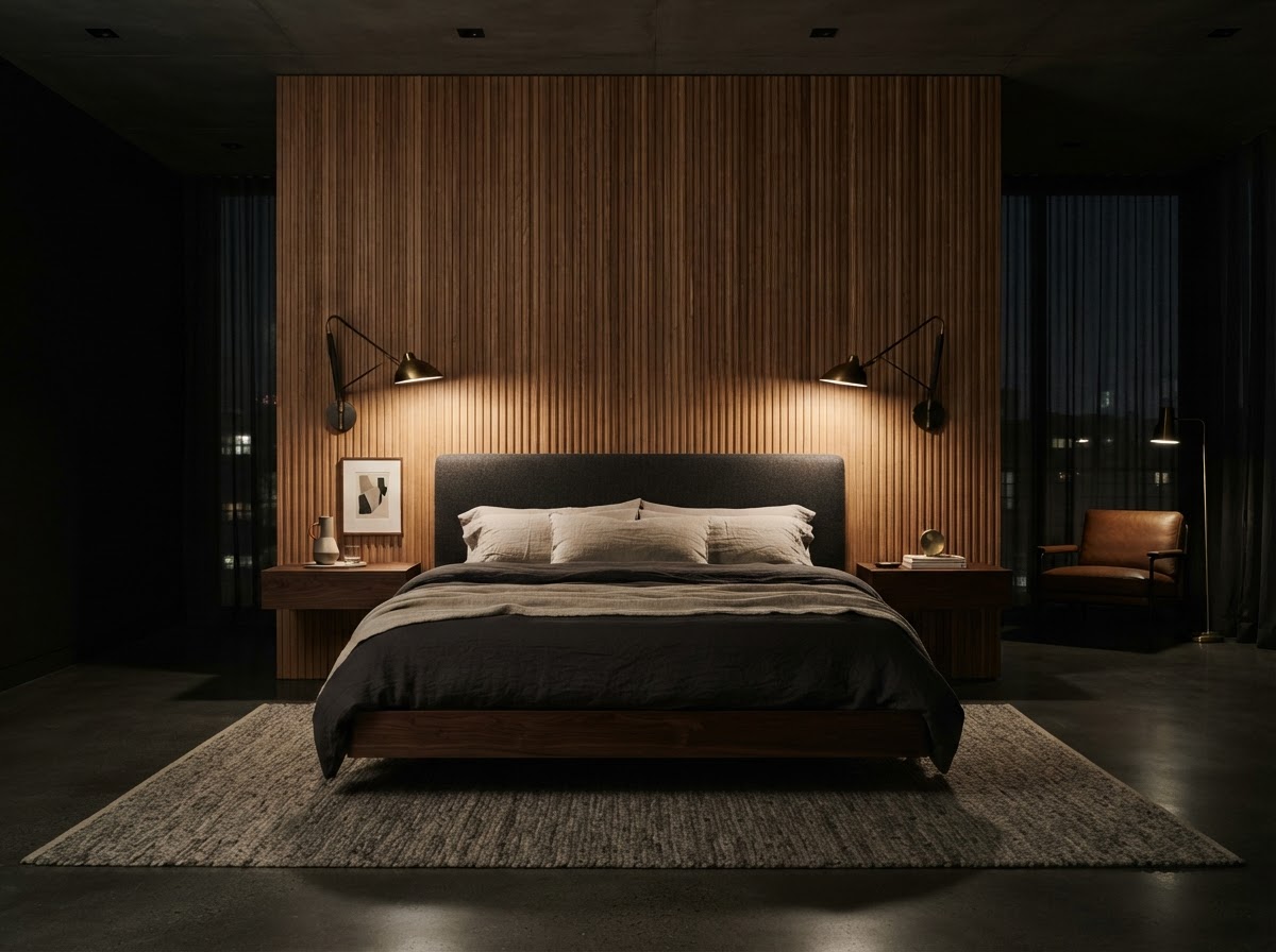 Luxury bedroom with fluted wood headboard wall